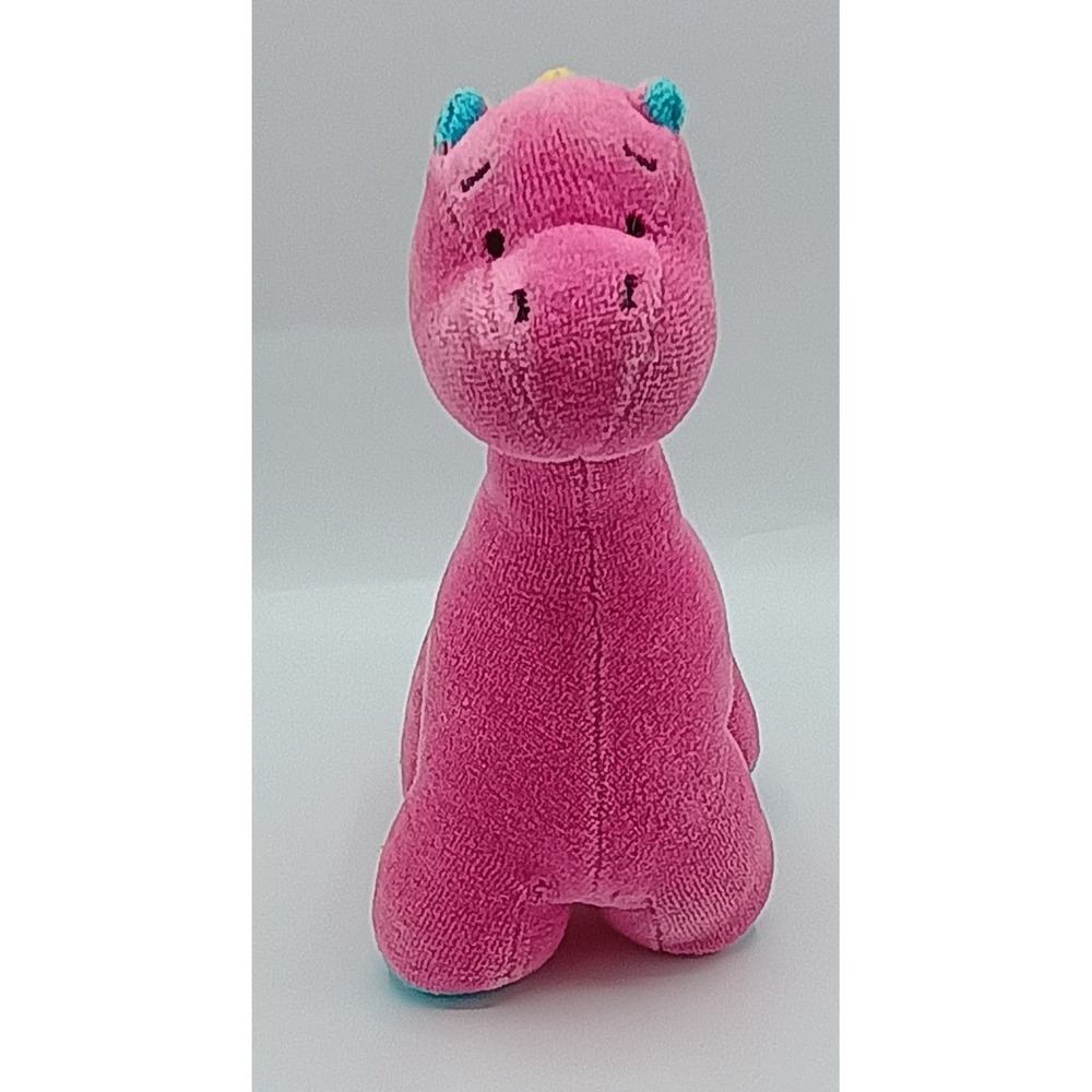 7" 1998 BABY GANZ Hot Pink Yellow Blue Rattle PLUSH Brontosaurus Dinosaur 1